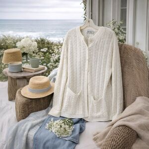 Anthony Richards Ivory Cable Knit Cardigan Openwork Lace Button Front Pockets